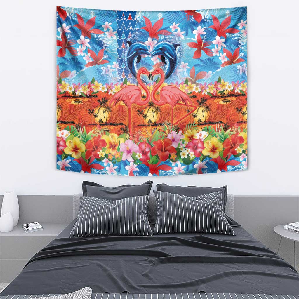 Hawaiian Love-Couple Dolphins and Flamingos Tapestry - Polynesian Pride