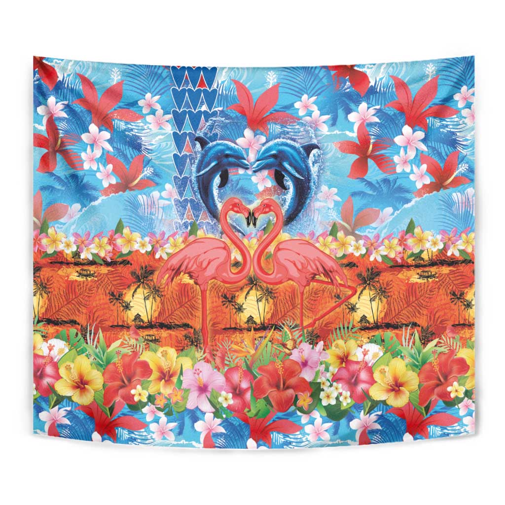 Hawaiian Love-Couple Dolphins and Flamingos Tapestry - Polynesian Pride