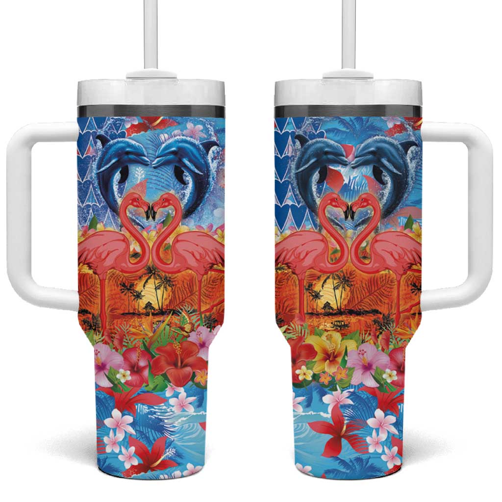 Hawaiian Love-Couple Dolphins and Flamingos Tumbler With Handle - Polynesian Pride