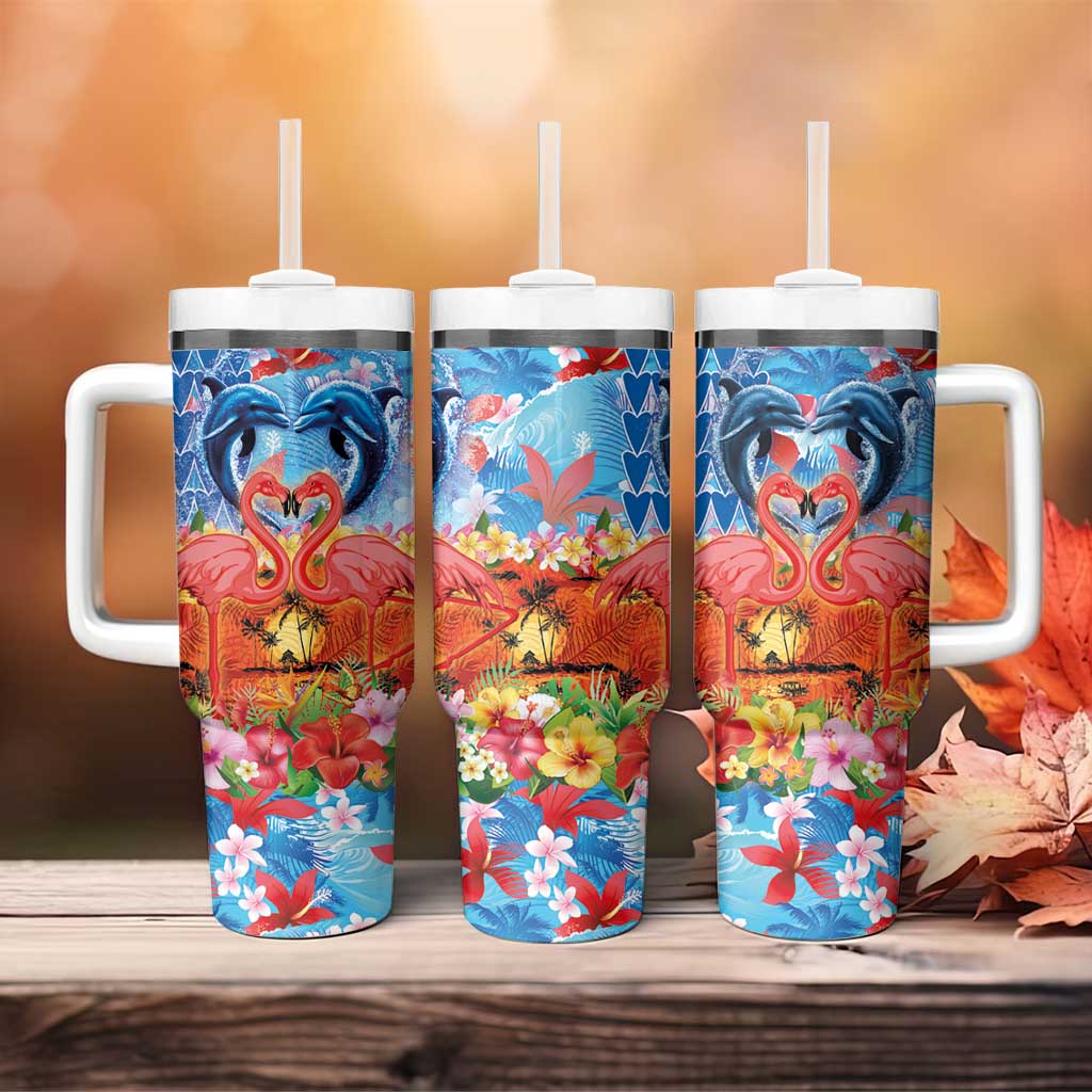 Hawaiian Love-Couple Dolphins and Flamingos Tumbler With Handle - Polynesian Pride