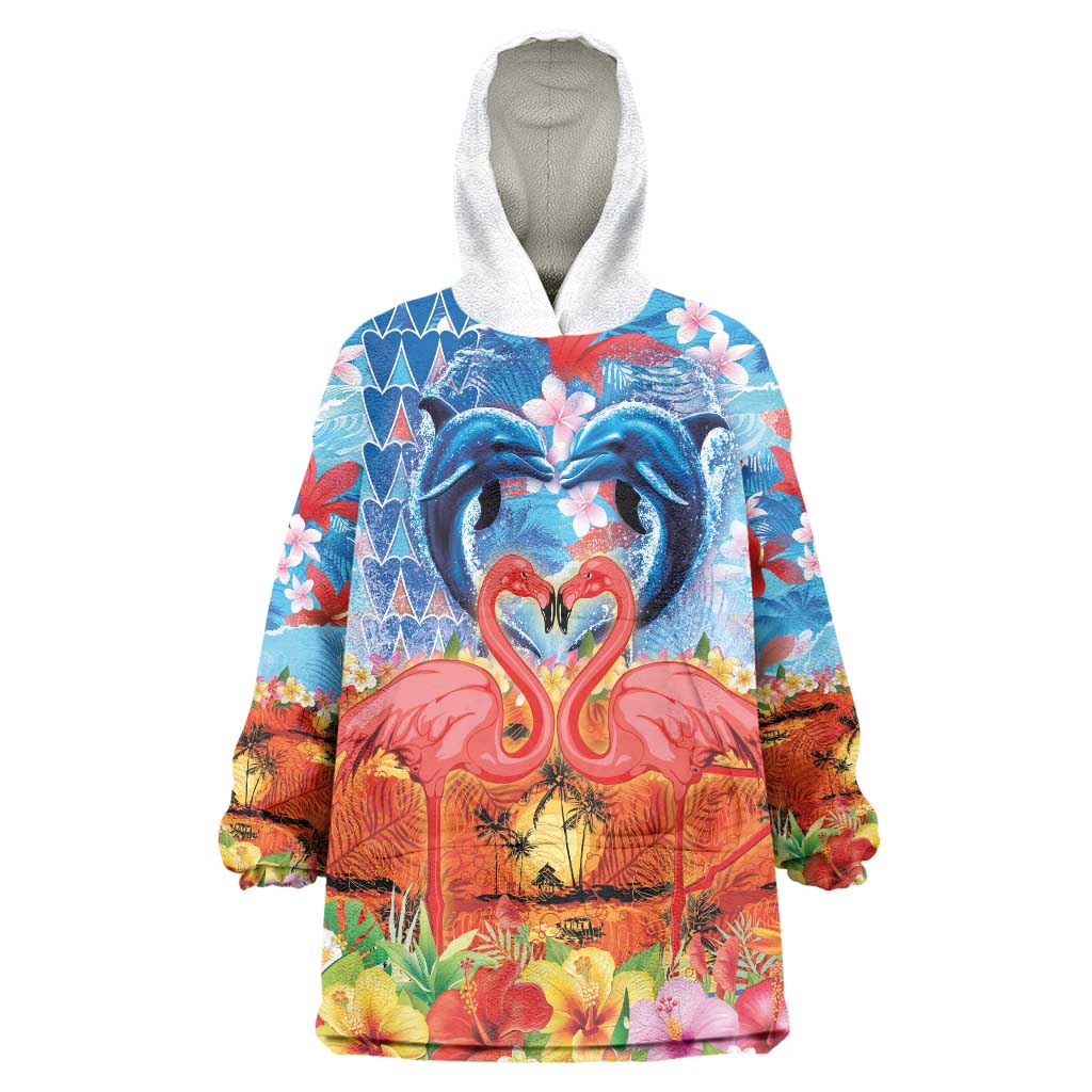Hawaiian Love-Couple Dolphins and Flamingos Wearable Blanket Hoodie LT03 One Size Multicolor - Polynesian Pride