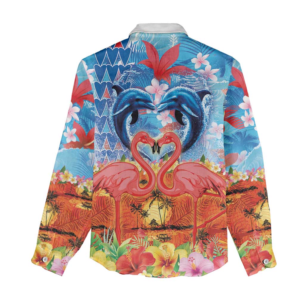 Hawaiian Love-Couple Dolphins and Flamingos Women Casual Shirt - Polynesian Pride