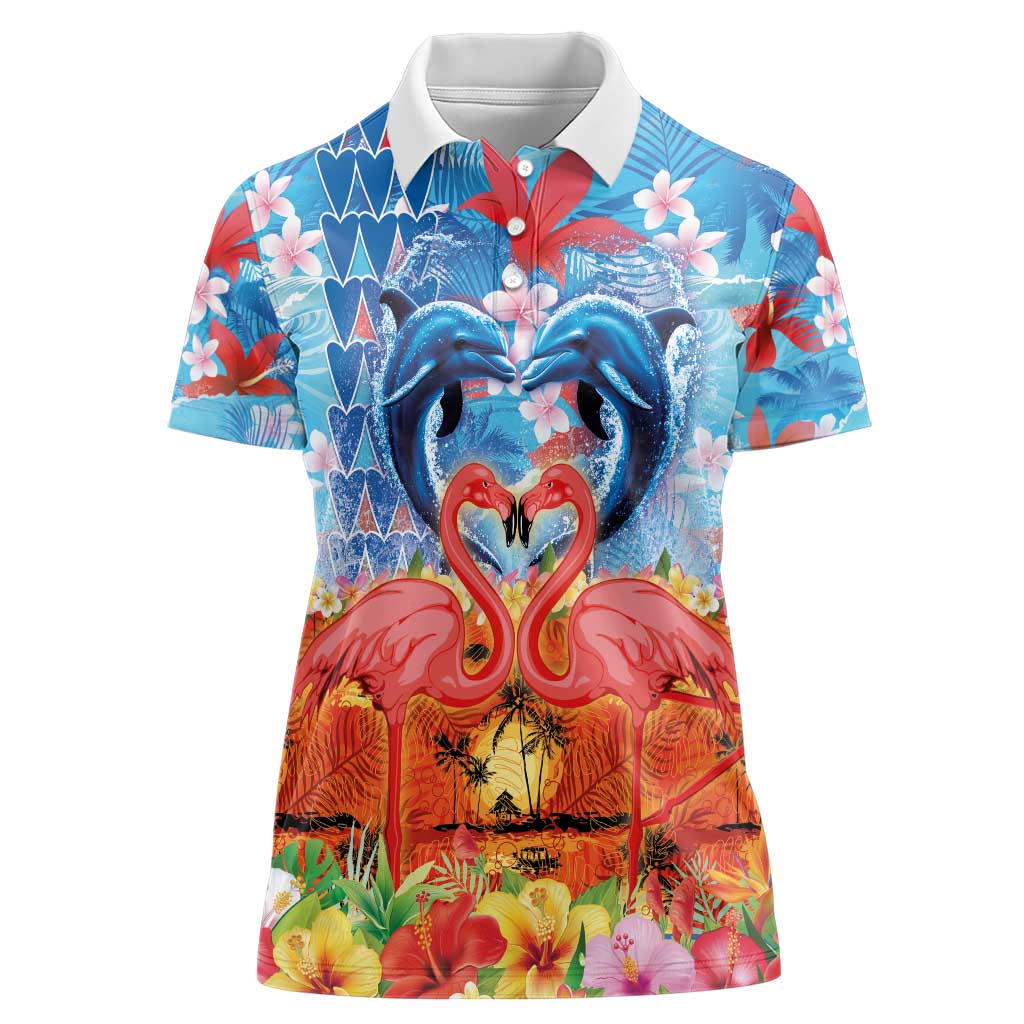 Hawaiian Love-Couple Dolphins and Flamingos Women Polo Shirt - Polynesian Pride