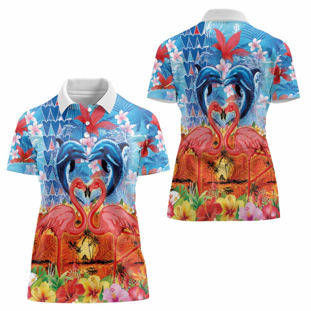 Hawaiian Love-Couple Dolphins and Flamingos Women Polo Shirt - Polynesian Pride