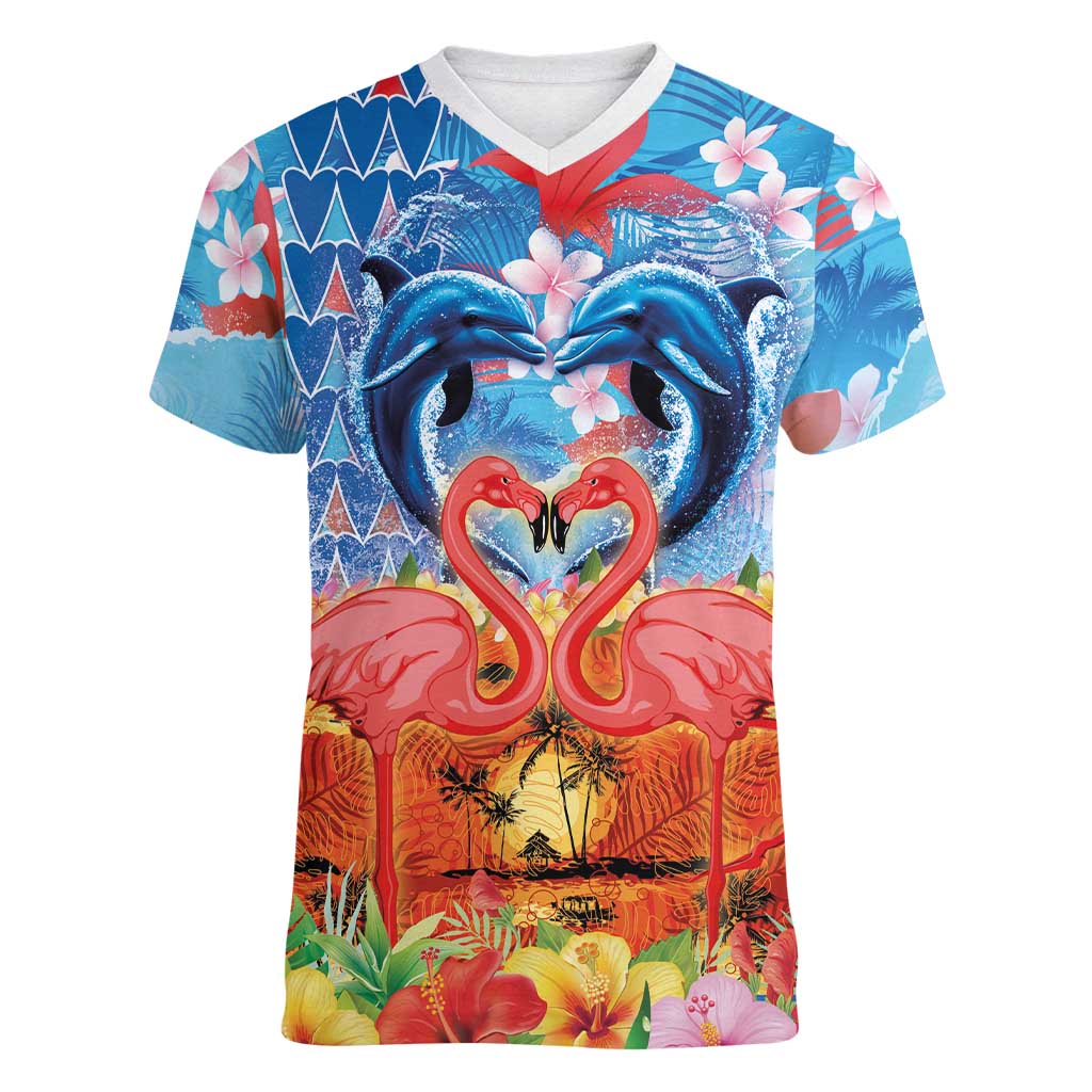 Hawaiian Love-Couple Dolphins and Flamingos Women V-Neck T-Shirt LT03 Female Multicolor - Polynesian Pride