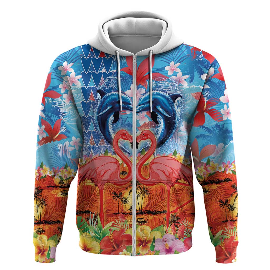 Hawaiian Love-Couple Dolphins and Flamingos Zip Hoodie LT03 Zip Hoodie Multicolor - Polynesian Pride