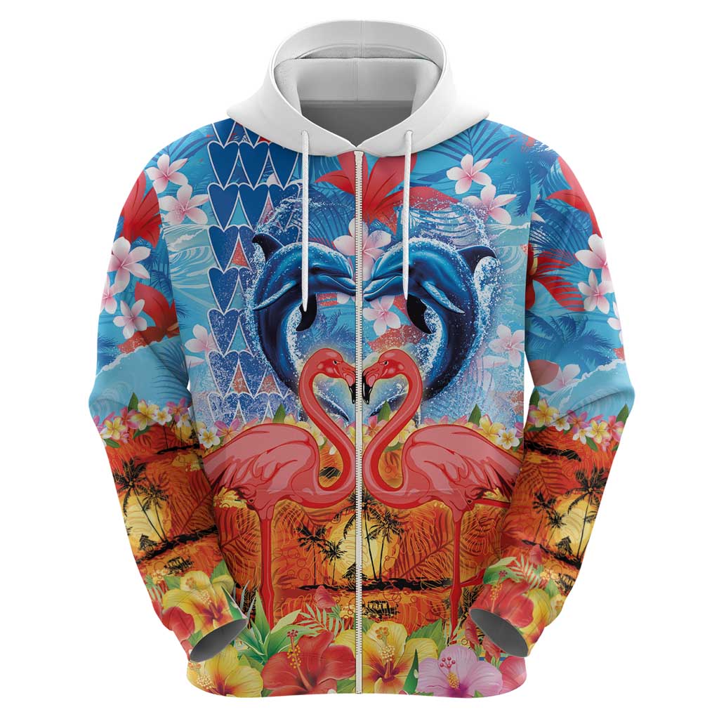 Hawaiian Love-Couple Dolphins and Flamingos Zip Hoodie LT03 - Polynesian Pride