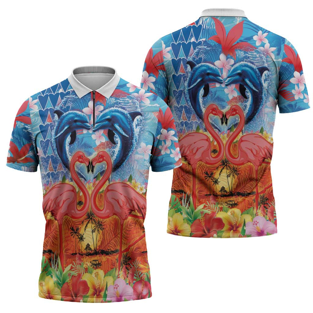 Hawaiian Love-Couple Dolphins and Flamingos Zipper Polo Shirt - Polynesian Pride