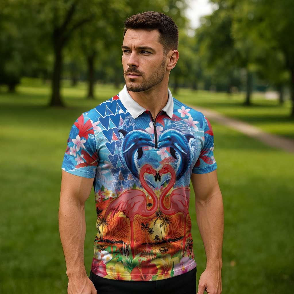 Hawaiian Love-Couple Dolphins and Flamingos Zipper Polo Shirt - Polynesian Pride