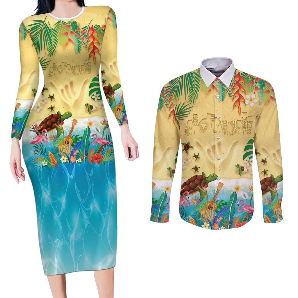 Hawaiian Alohawaii Couples Matching Long Sleeve Bodycon Dress and Long Sleeve Button Shirt Tropical Plants and Animals on The Beach - Polynesian Pride
