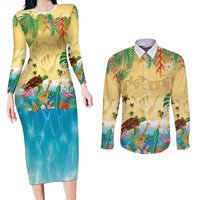 Hawaiian Alohawaii Couples Matching Long Sleeve Bodycon Dress and Long Sleeve Button Shirt Tropical Plants and Animals on The Beach - Polynesian Pride