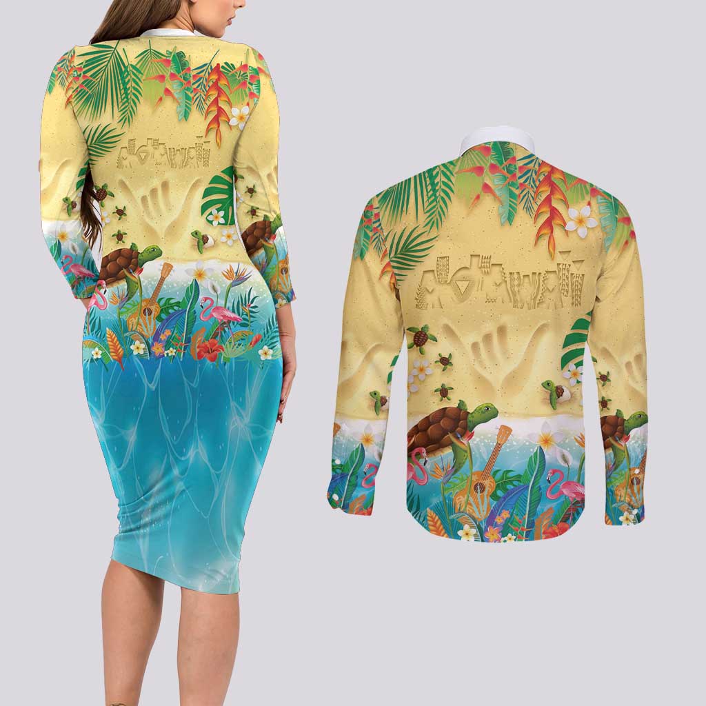 Hawaiian Alohawaii Couples Matching Long Sleeve Bodycon Dress and Long Sleeve Button Shirt Tropical Plants and Animals on The Beach - Polynesian Pride