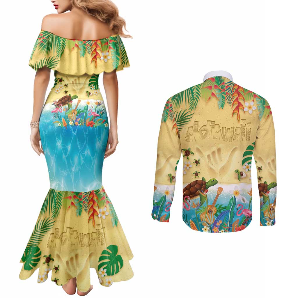 Hawaiian Alohawaii Couples Matching Mermaid Dress and Long Sleeve Button Shirt Tropical Plants and Animals on The Beach - Polynesian Pride