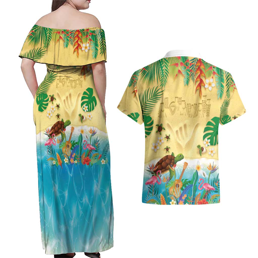 Hawaiian Alohawaii Couples Matching Off Shoulder Maxi Dress and Hawaiian Shirt Tropical Plants and Animals on The Beach - Polynesian Pride