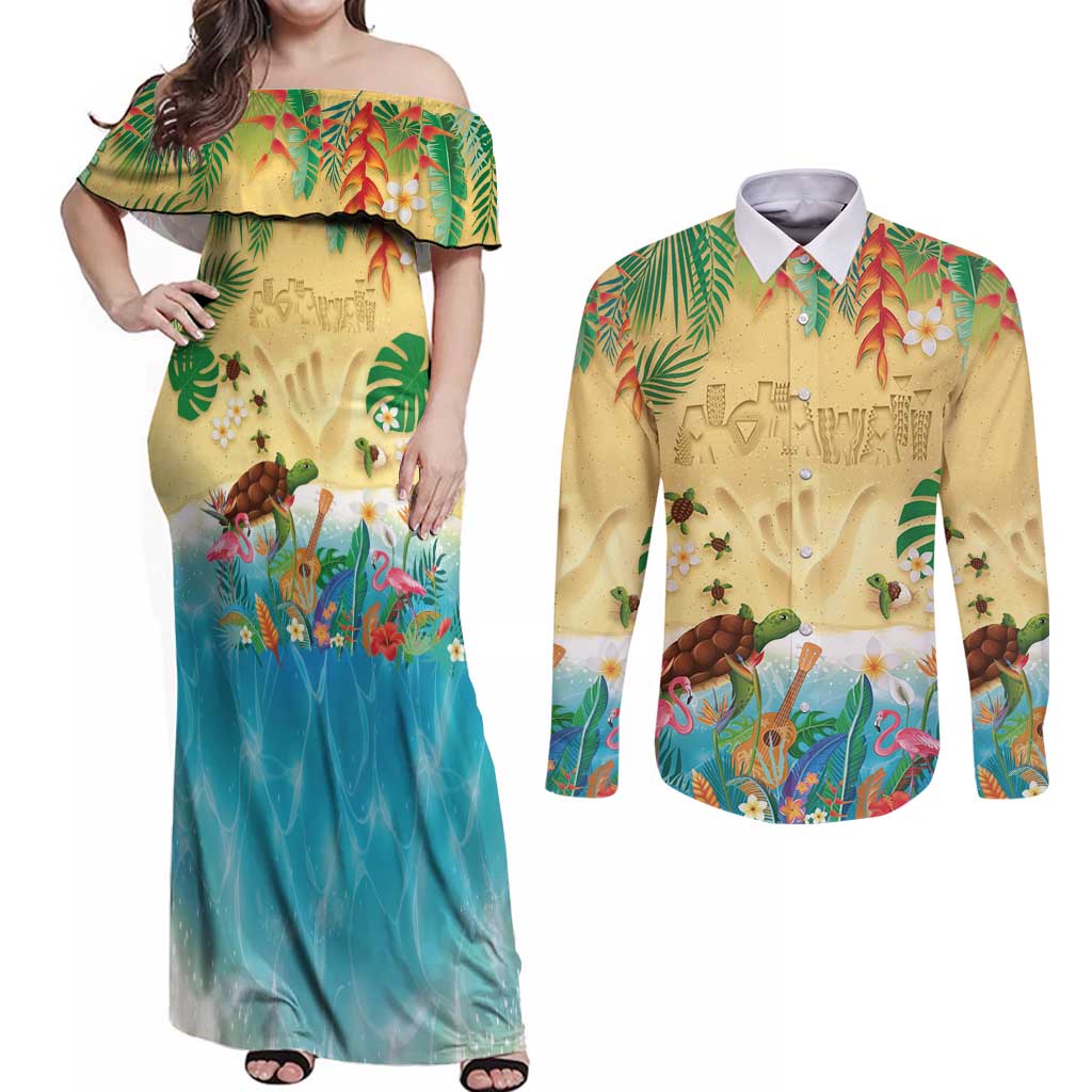 Hawaiian Alohawaii Couples Matching Off Shoulder Maxi Dress and Long Sleeve Button Shirt Tropical Plants and Animals on The Beach - Polynesian Pride