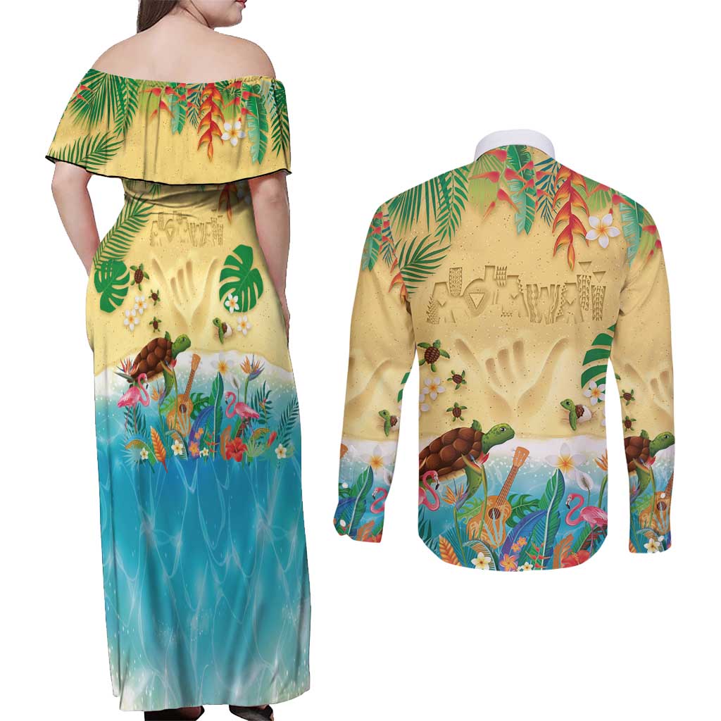 Hawaiian Alohawaii Couples Matching Off Shoulder Maxi Dress and Long Sleeve Button Shirt Tropical Plants and Animals on The Beach - Polynesian Pride