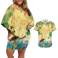 Hawaiian Alohawaii Couples Matching Off Shoulder Short Dress and Hawaiian Shirt Tropical Plants and Animals on The Beach - Polynesian Pride