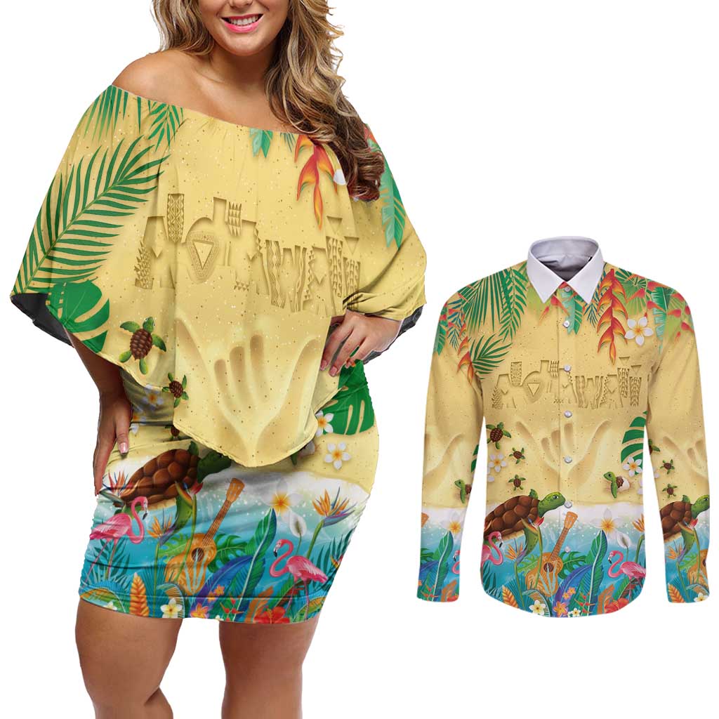 Hawaiian Alohawaii Couples Matching Off Shoulder Short Dress and Long Sleeve Button Shirt Tropical Plants and Animals on The Beach - Polynesian Pride