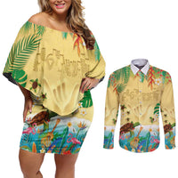 Hawaiian Alohawaii Couples Matching Off Shoulder Short Dress and Long Sleeve Button Shirt Tropical Plants and Animals on The Beach - Polynesian Pride