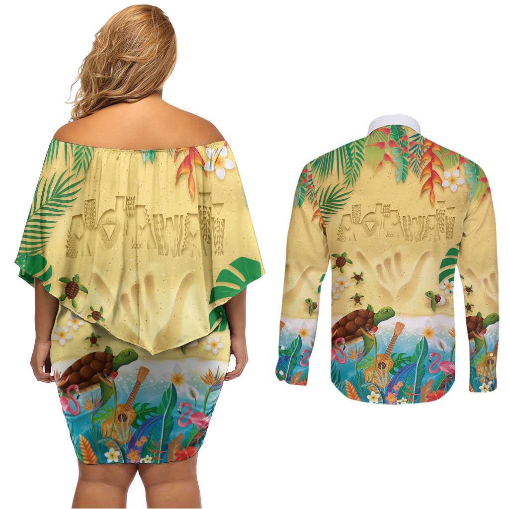 Hawaiian Alohawaii Couples Matching Off Shoulder Short Dress and Long Sleeve Button Shirt Tropical Plants and Animals on The Beach - Polynesian Pride