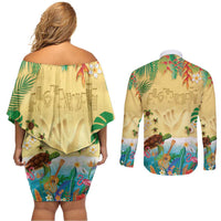 Hawaiian Alohawaii Couples Matching Off Shoulder Short Dress and Long Sleeve Button Shirt Tropical Plants and Animals on The Beach - Polynesian Pride