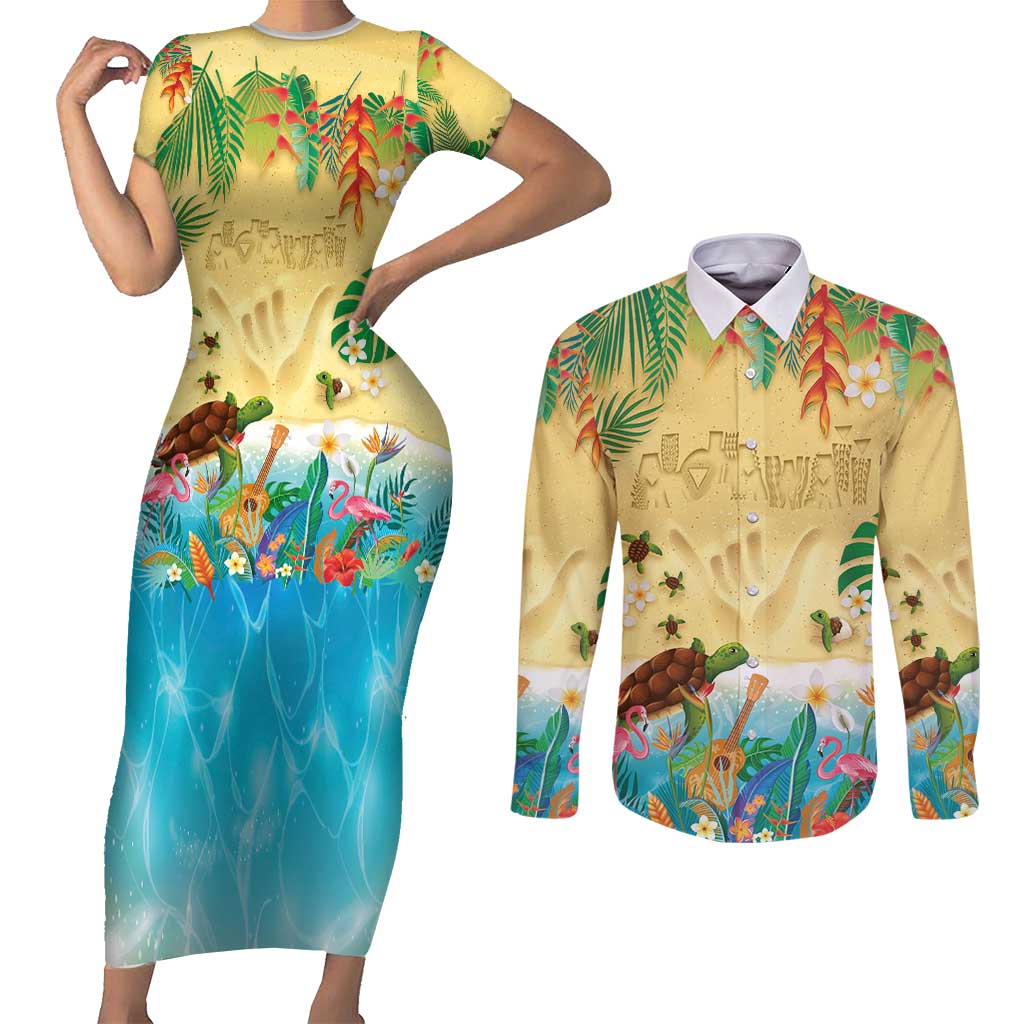 Hawaiian Alohawaii Couples Matching Short Sleeve Bodycon Dress and Long Sleeve Button Shirt Tropical Plants and Animals on The Beach - Polynesian Pride