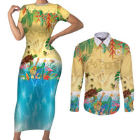 Hawaiian Alohawaii Couples Matching Short Sleeve Bodycon Dress and Long Sleeve Button Shirt Tropical Plants and Animals on The Beach - Polynesian Pride