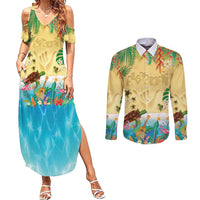 Hawaiian Alohawaii Couples Matching Summer Maxi Dress and Long Sleeve Button Shirt Tropical Plants and Animals on The Beach - Polynesian Pride
