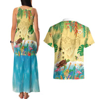 Hawaiian Alohawaii Couples Matching Tank Maxi Dress and Hawaiian Shirt Tropical Plants and Animals on The Beach - Polynesian Pride