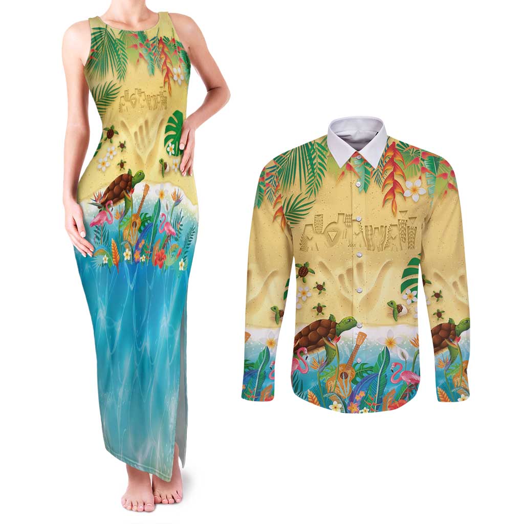 Hawaiian Alohawaii Couples Matching Tank Maxi Dress and Long Sleeve Button Shirt Tropical Plants and Animals on The Beach - Polynesian Pride