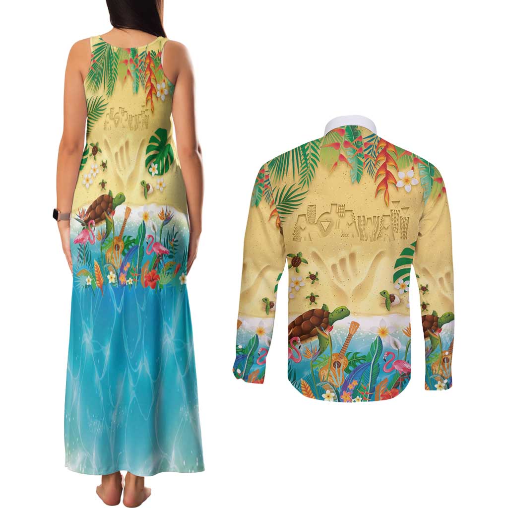 Hawaiian Alohawaii Couples Matching Tank Maxi Dress and Long Sleeve Button Shirt Tropical Plants and Animals on The Beach - Polynesian Pride