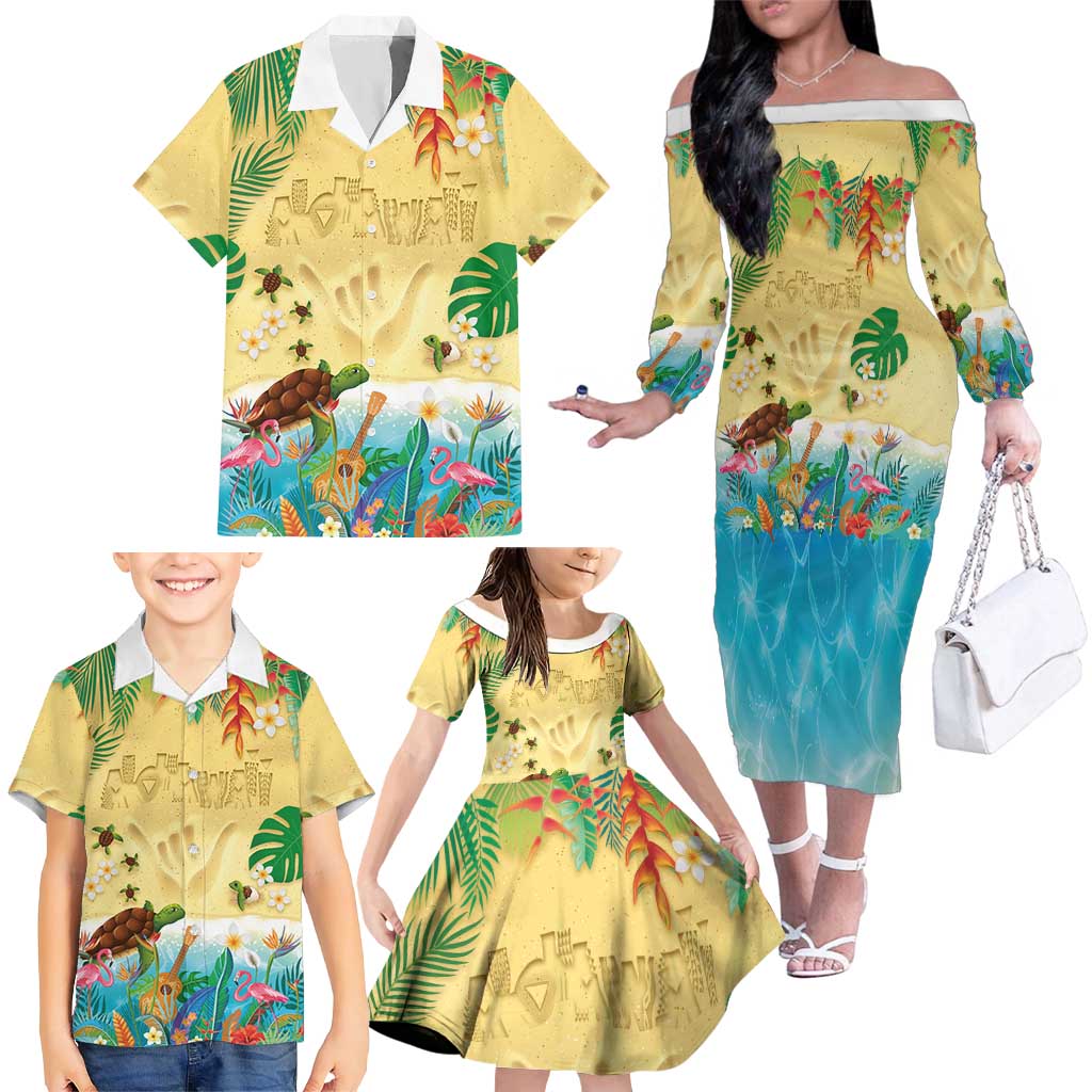 Hawaiian Alohawaii Family Matching Off The Shoulder Long Sleeve Dress and Hawaiian Shirt Tropical Plants and Animals on The Beach - Polynesian Pride