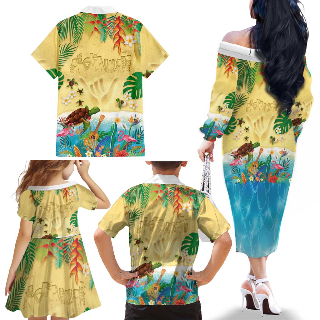 Hawaiian Alohawaii Family Matching Off The Shoulder Long Sleeve Dress and Hawaiian Shirt Tropical Plants and Animals on The Beach - Polynesian Pride