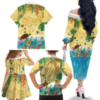 Hawaiian Alohawaii Family Matching Off The Shoulder Long Sleeve Dress and Hawaiian Shirt Tropical Plants and Animals on The Beach - Polynesian Pride