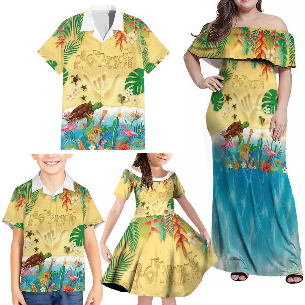 Hawaiian Alohawaii Family Matching Off Shoulder Maxi Dress and Hawaiian Shirt Tropical Plants and Animals on The Beach - Polynesian Pride