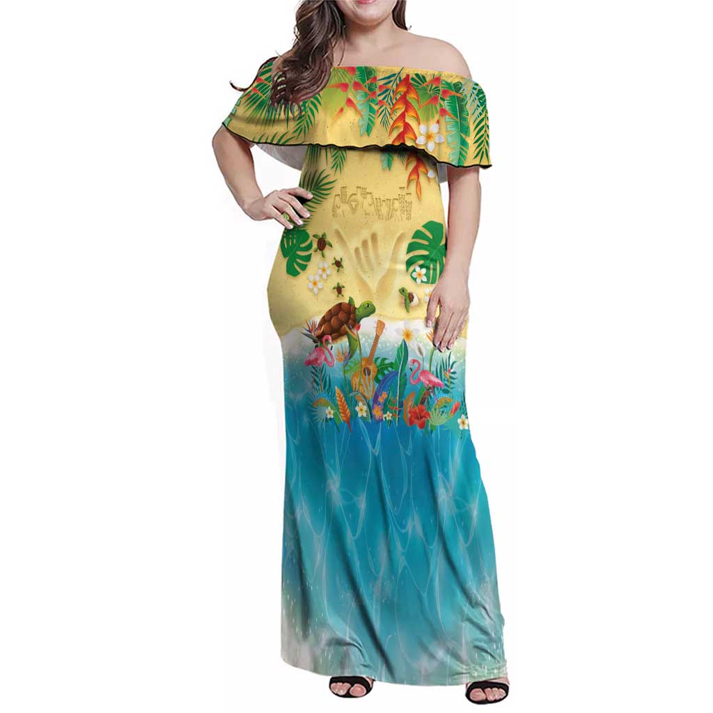 Hawaiian Alohawaii Family Matching Off Shoulder Maxi Dress and Hawaiian Shirt Tropical Plants and Animals on The Beach - Polynesian Pride