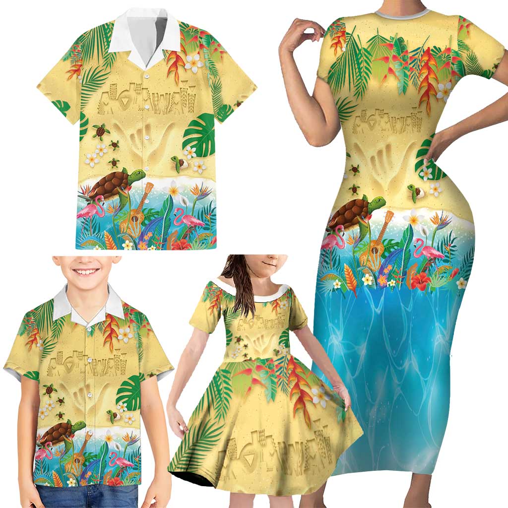 Hawaiian Alohawaii Family Matching Short Sleeve Bodycon Dress and Hawaiian Shirt Tropical Plants and Animals on The Beach - Polynesian Pride