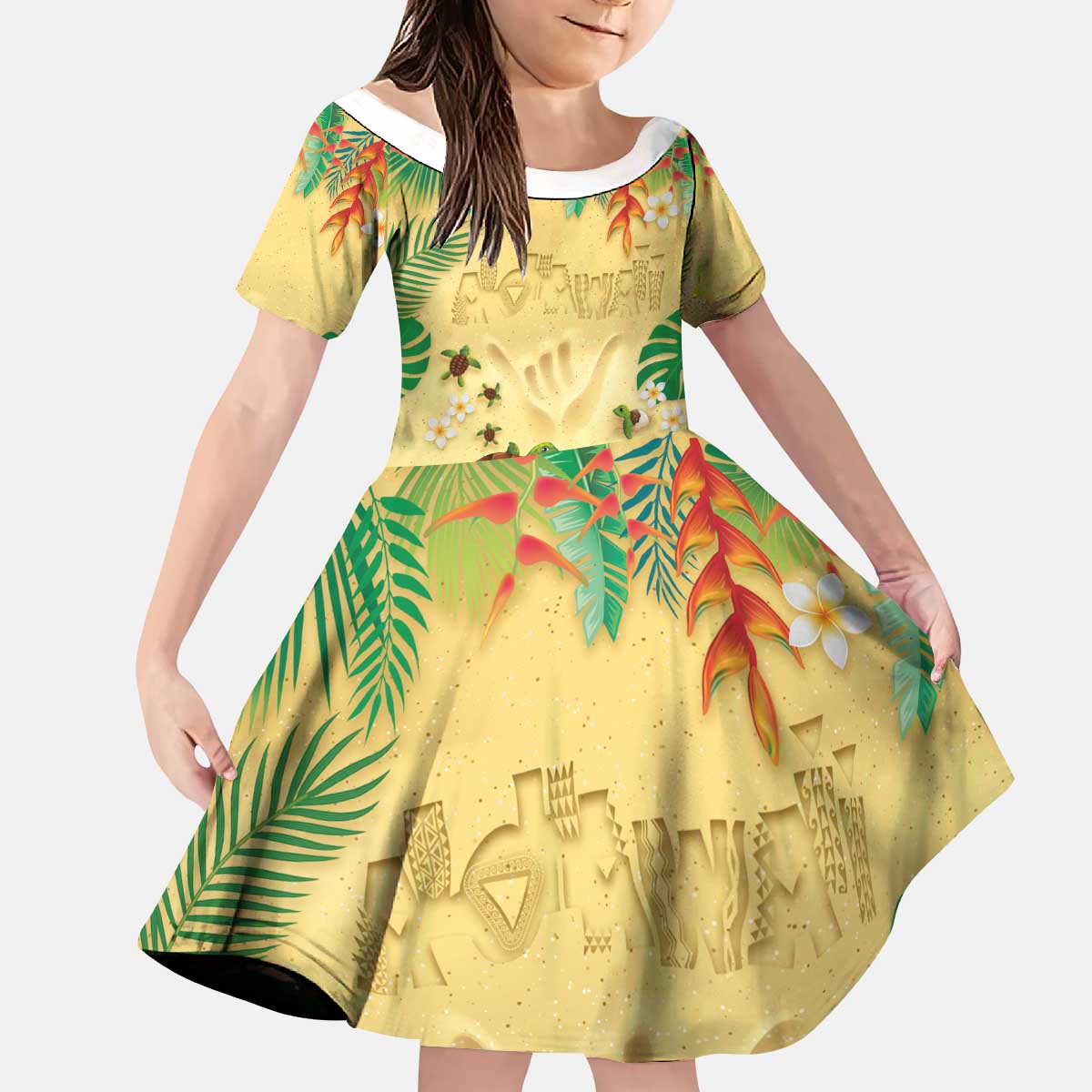 Hawaiian Alohawaii Kid Short Sleeve Dress Tropical Plants and Animals on The Beach - Polynesian Pride