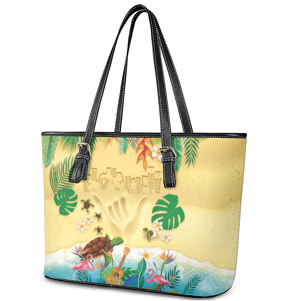 Hawaiian Alohawaii Leather Tote Bag Tropical Plants and Animals on The Beach - Polynesian Pride