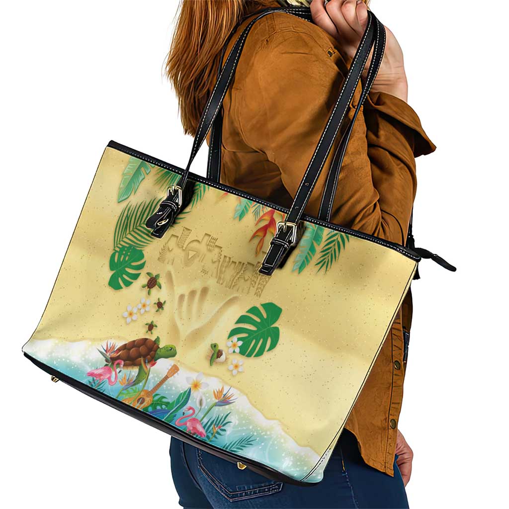 Hawaiian Alohawaii Leather Tote Bag Tropical Plants and Animals on The Beach - Polynesian Pride