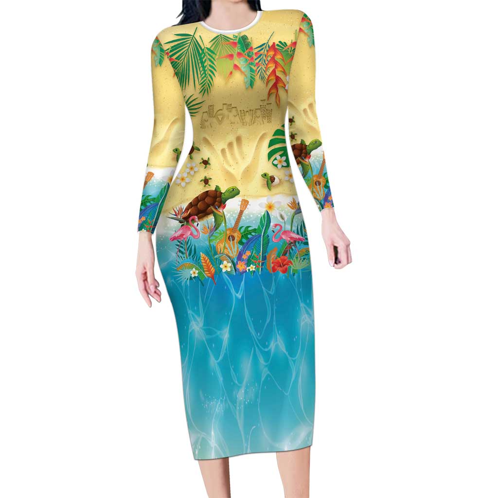 Hawaiian Alohawaii Long Sleeve Bodycon Dress Tropical Plants and Animals on The Beach - Polynesian Pride