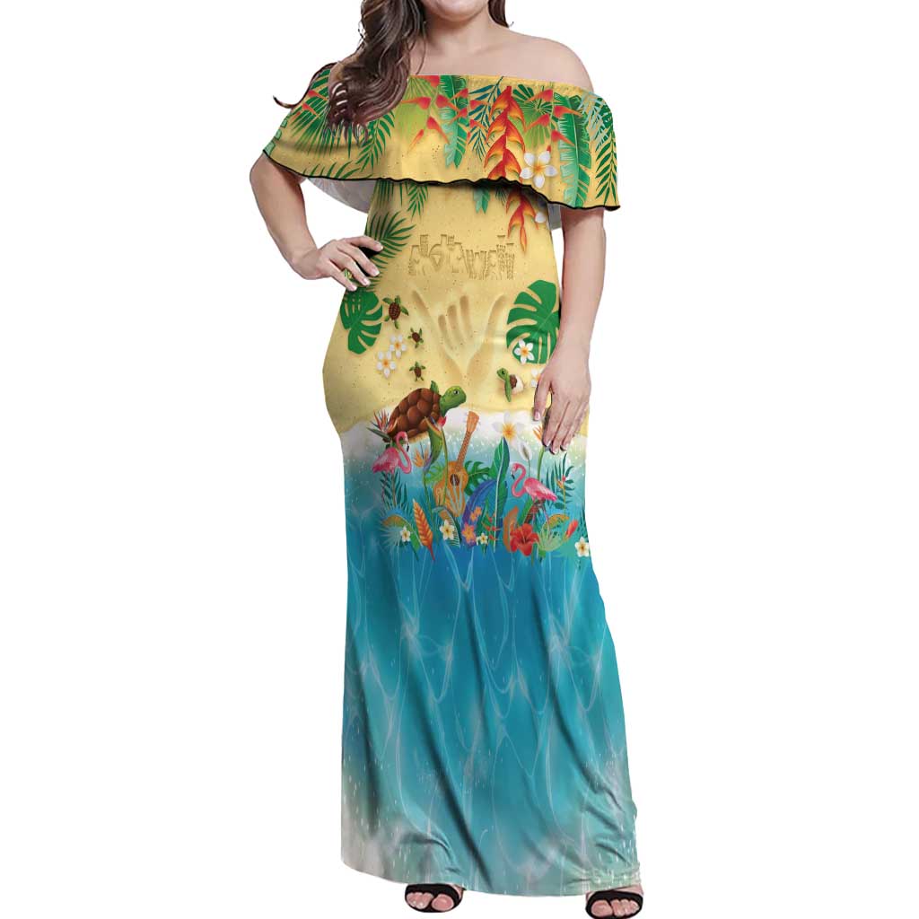 Hawaiian Alohawaii Off Shoulder Maxi Dress Tropical Plants and Animals on The Beach - Polynesian Pride