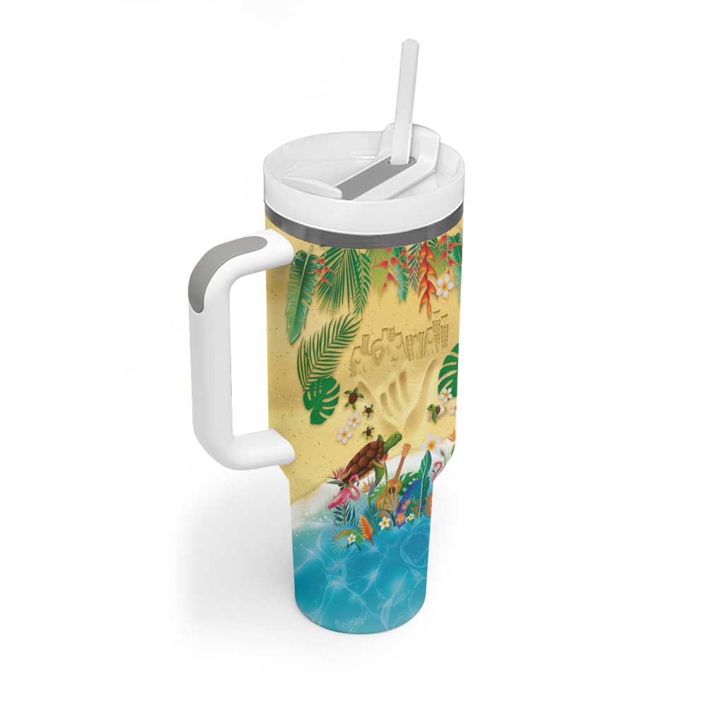 Hawaiian Alohawaii Tumbler With Handle Tropical Plants and Animals on The Beach - Polynesian Pride