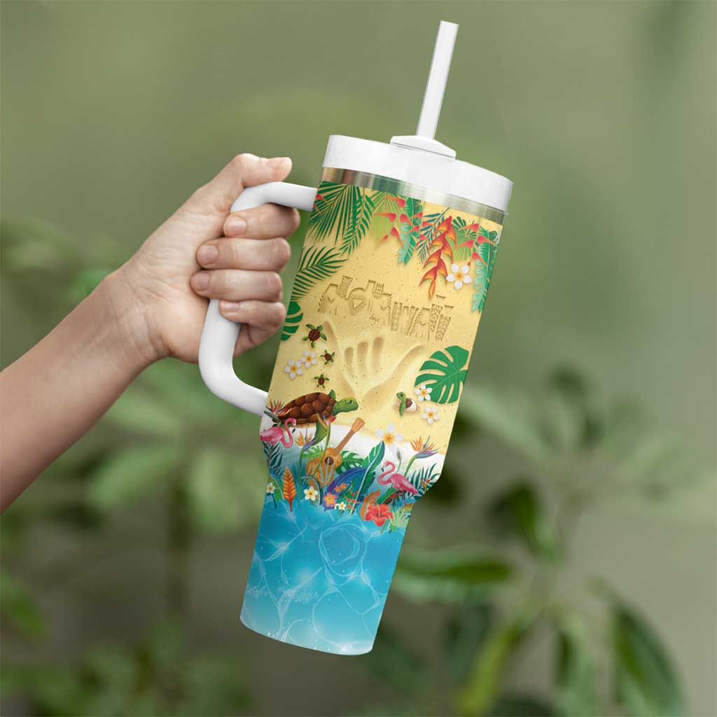 Hawaiian Alohawaii Tumbler With Handle Tropical Plants and Animals on The Beach - Polynesian Pride