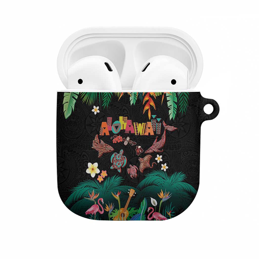 Hawaiian Alohawaii AirPods Case Tribal Sea Animals Tattoo and Tropical Plants LT03 Black - Polynesian Pride