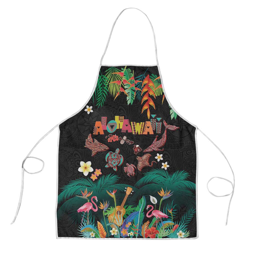Hawaiian Alohawaii Apron Tribal Sea Animals Tattoo and Tropical Plants LT03 Black - Polynesian Pride
