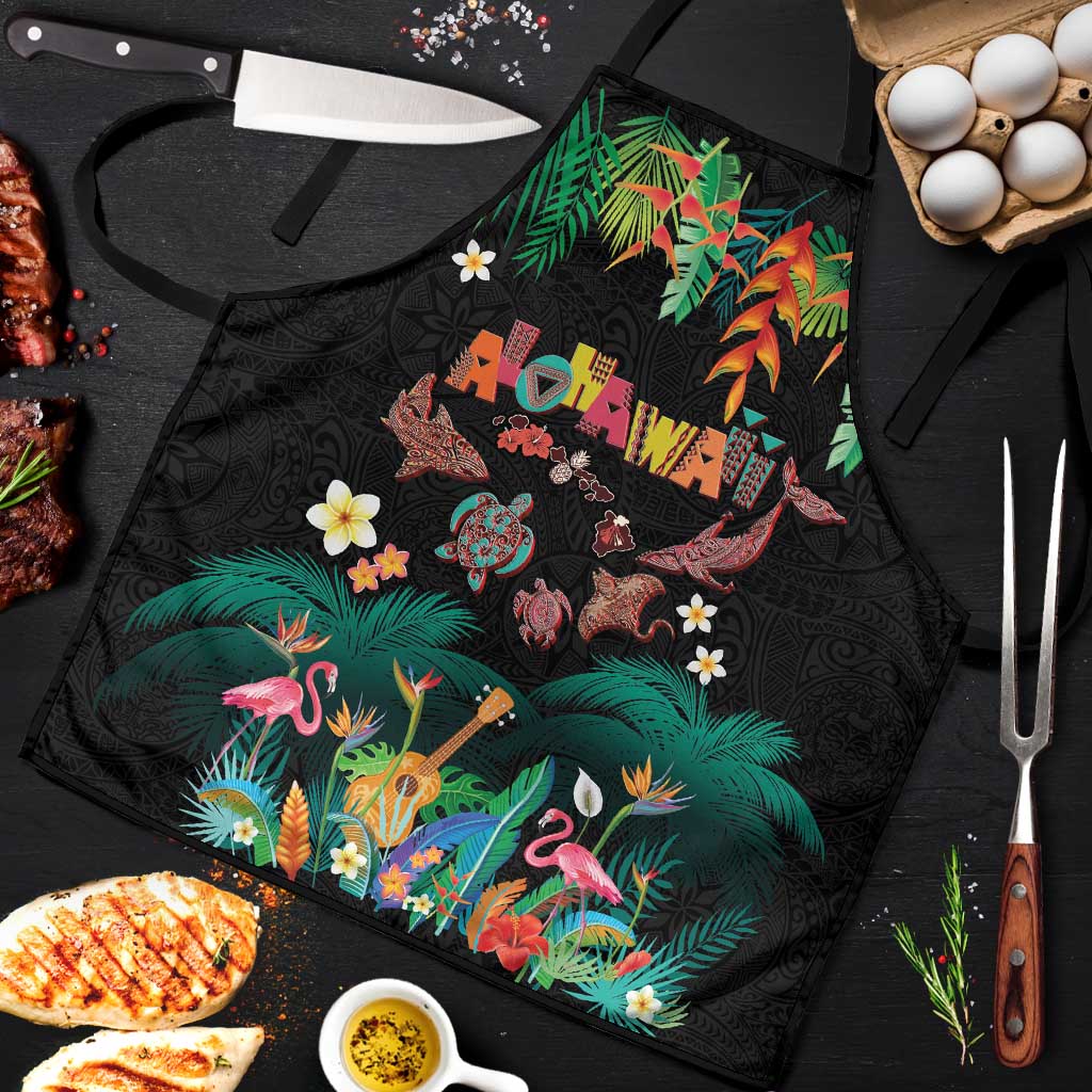 Hawaiian Alohawaii Apron Tribal Sea Animals Tattoo and Tropical Plants LT03 Black - Polynesian Pride