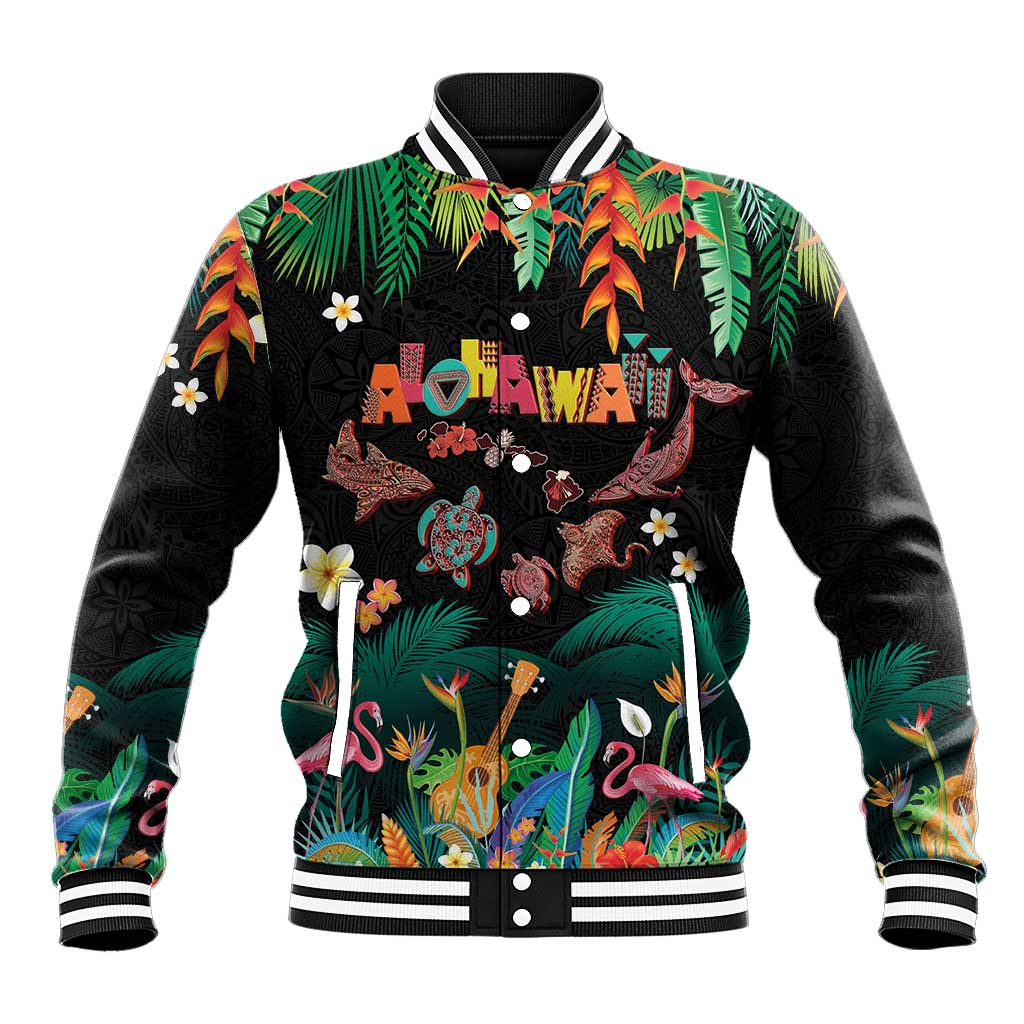 Hawaiian Alohawaii Baseball Jacket Tribal Sea Animals Tattoo and Tropical Plants LT03 Unisex Black - Polynesian Pride