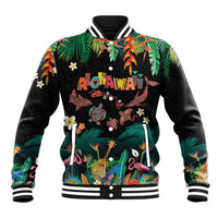 Hawaiian Alohawaii Baseball Jacket Tribal Sea Animals Tattoo and Tropical Plants LT03 Unisex Black - Polynesian Pride