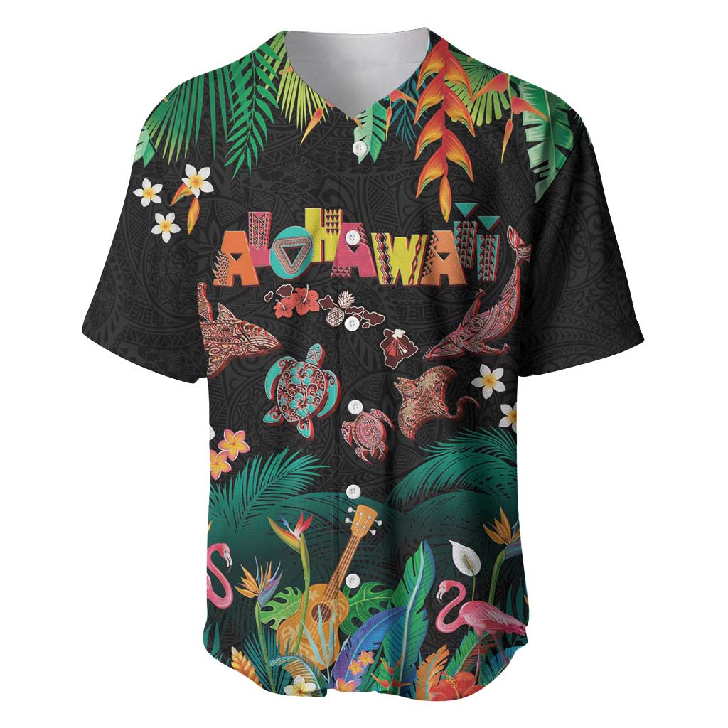 Hawaiian Alohawaii Baseball Jersey Tribal Sea Animals Tattoo and Tropical Plants LT03 Black - Polynesian Pride
